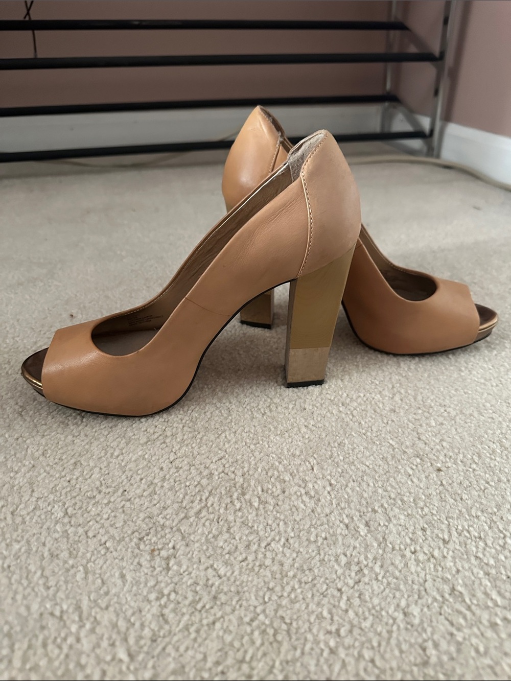 Women's Tan Peep-Toe Block Heel Pumps